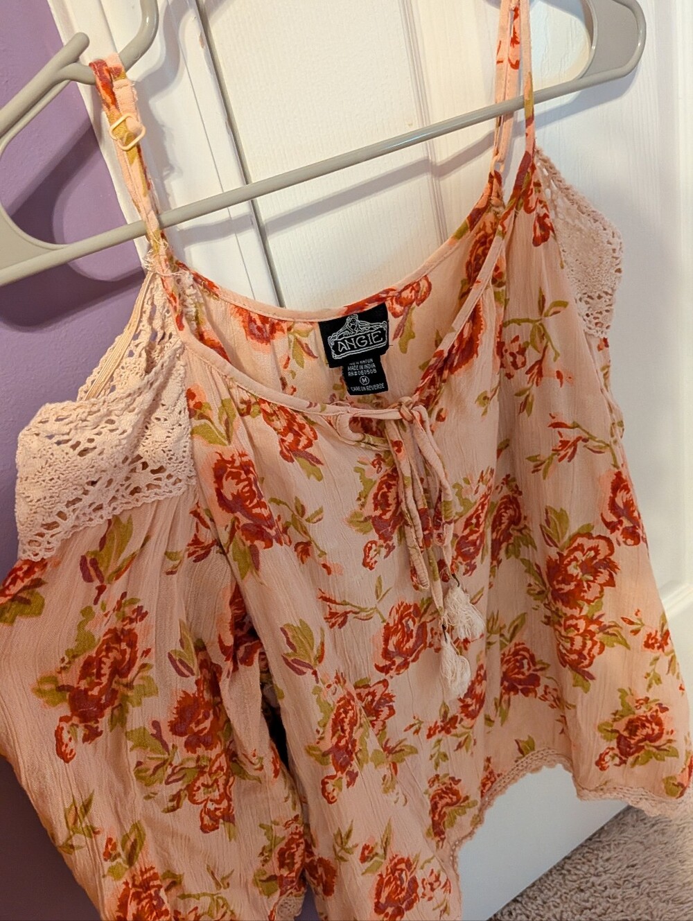 Angie Pink Floral Lace Off Shoulder Tank Top